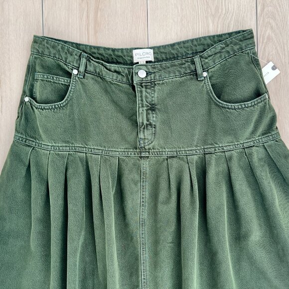 NWT Anthropologie Pilcro Pleated Basque-Waist Olive Green Denim Midi Skirt Sz 16 - Picture 4 of 14